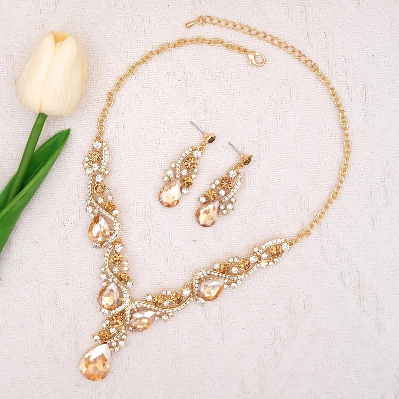 CSY Women's Elegant Bridal Necklace Earrings Stretch Bangle Bracelsts Set for Bride Bridesmaid Wedding Teardrop Crystal Costume Jewelry Sets - Image 3